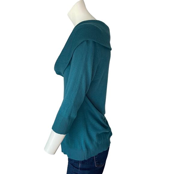 SOFT SURROUNDINGS Cardigan Sweater Small Teal Blue Off Shoulder Cowl Neck - Picture 9 of 12